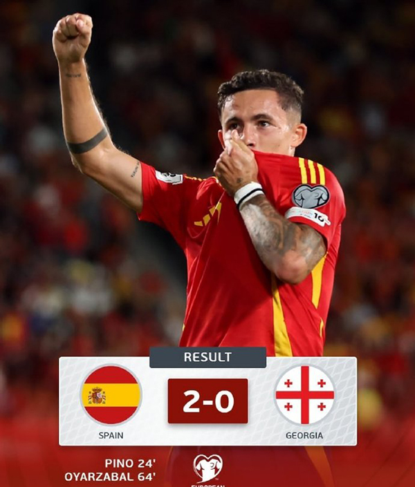 世预赛：西班牙2-0格鲁吉亚 皮诺破门 费兰造点+失点+失空门