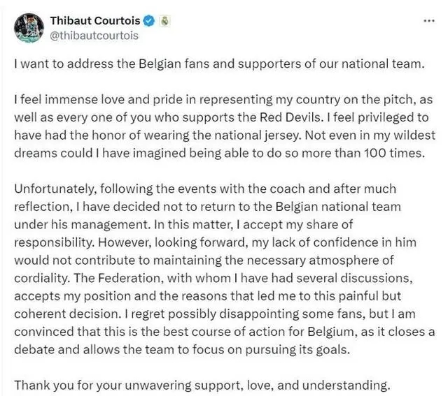 库尔图瓦宣布退出特德斯科执教的比利时国家队
