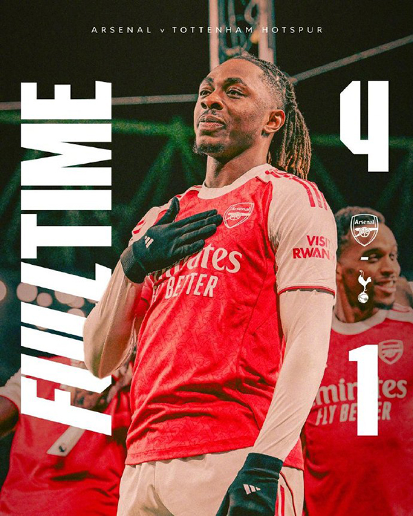 英超-阿森纳4-1热刺 埃泽戴帽 里沙利松神仙球